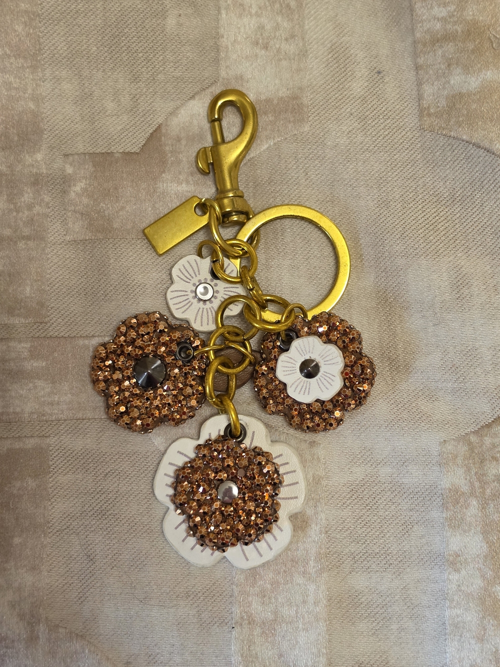 Gold-Tone Flower Crystal Keyring Charm - Rose Gold Glitter